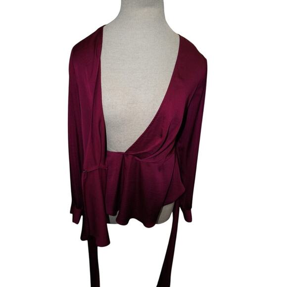 Anthropologie Moulinette Soeurs Burgundy Satin Wrap Blouse – Deep V Long Sleeve - Picture 8 of 14